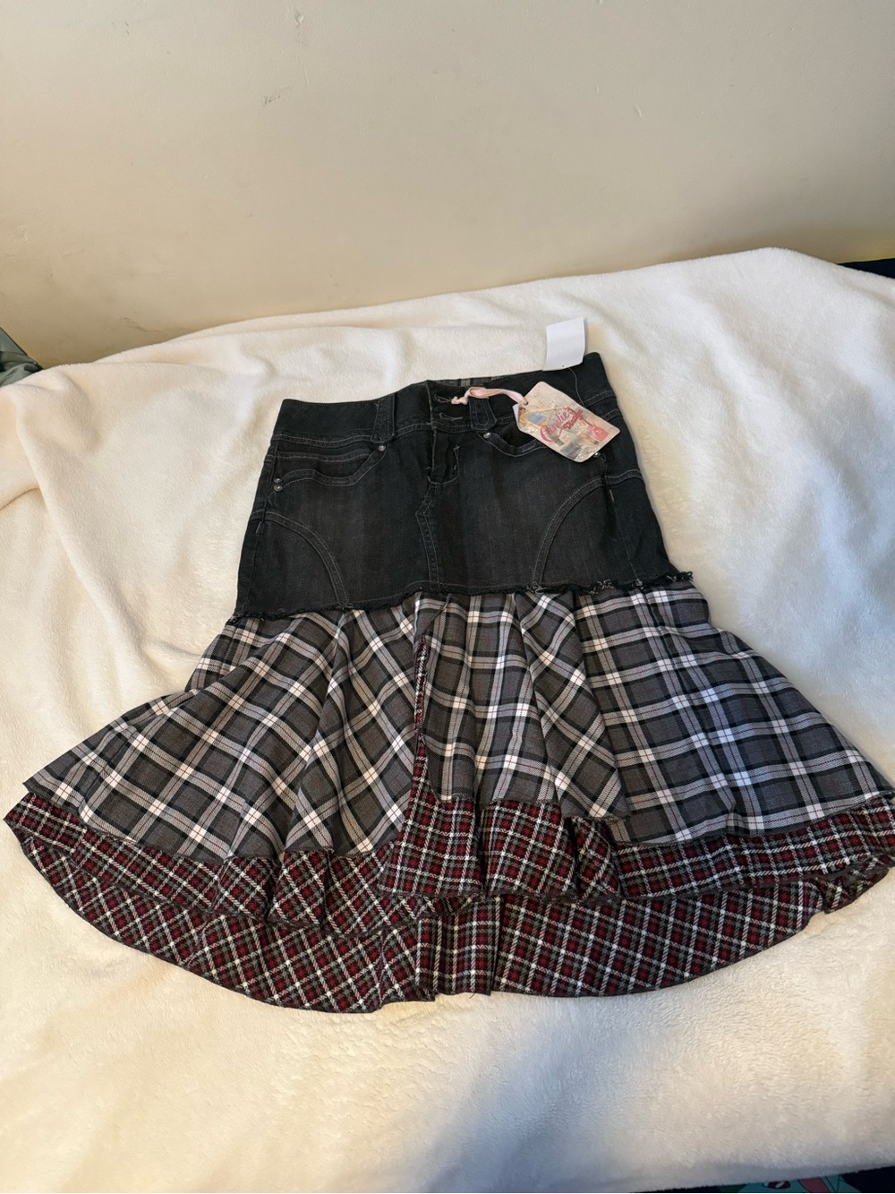 Candie's Black Denim Skirt with Plaid Flounce